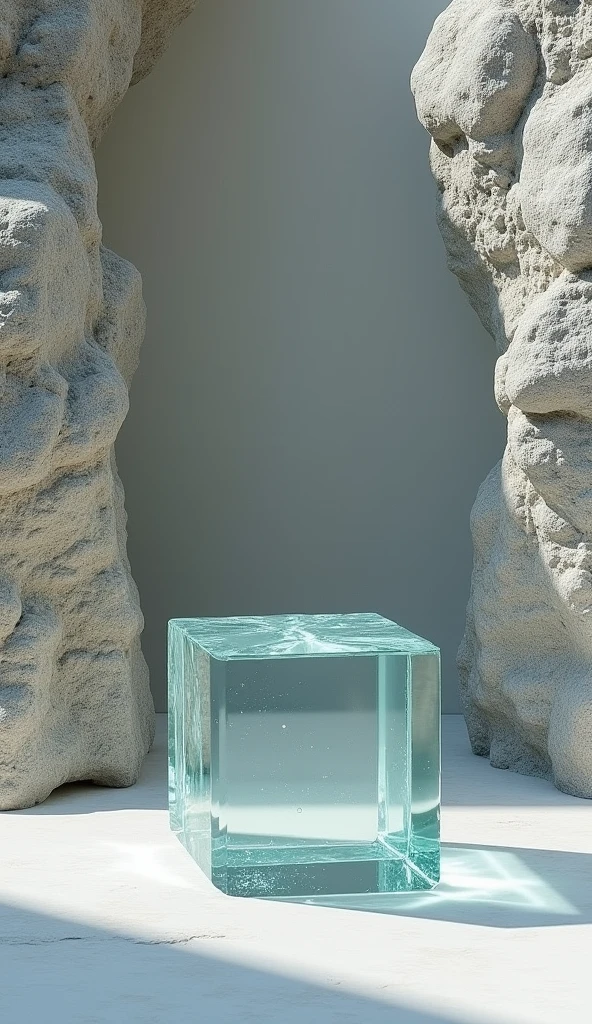 "Generates an image showing a rocky stone textured background wall, everything looking straight ahead, highlighting the irregular and natural details of the stone. The floor must be smooth and uniform., contrasting with the texture of the wall. on the floor, place a simple transparent glass cube, transparent and geometrically precise, that reflects light subtly and shows the details of the environment through its faces."