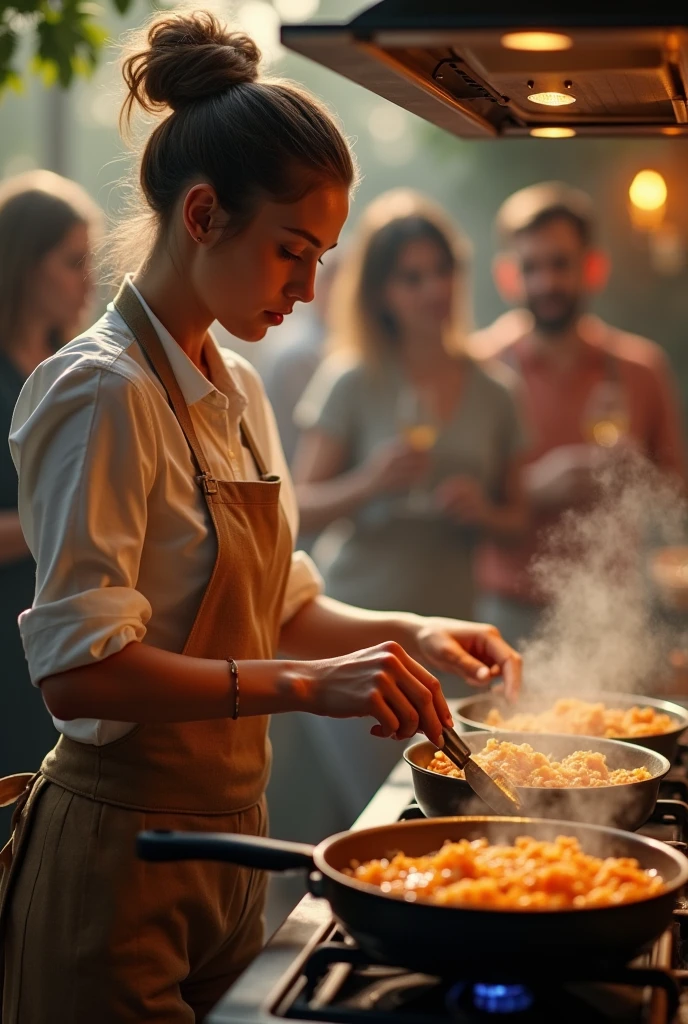 A woman cooking ignoring the party behind her