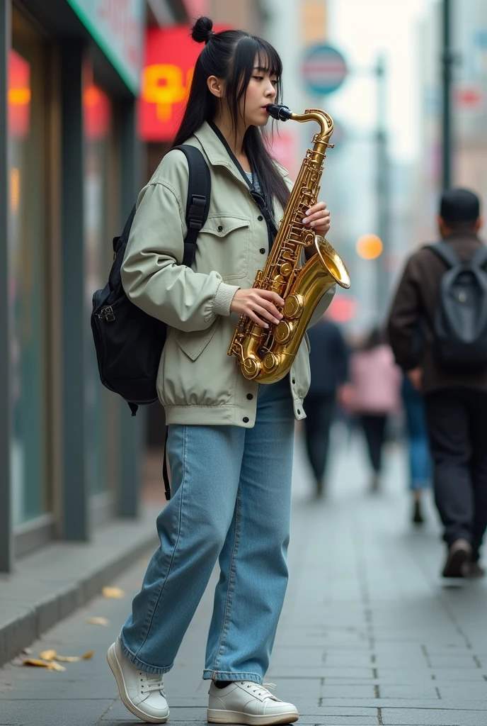 Sischa is a beautiful Korean woman, smooth long straight black hair,proposional body tied in a bun, wearing trendy casual clothes, white sneakers, she appears to be playing a real saxophone, on the sidewalk, city street background, all pictures are real, perfect details