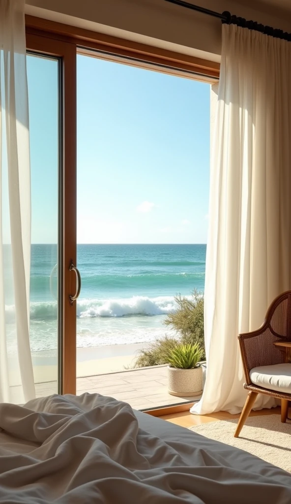 A bright and airy room with large windows opening to a secluded beach. The calming sound of waves crashing outside adds to the tranquil atmosphere. Inside, the bed is draped with light, breezy linens, and a soft sea breeze rustles sheer curtains. A small workspace overlooks the ocean, inviting productive yet peaceful solitude.