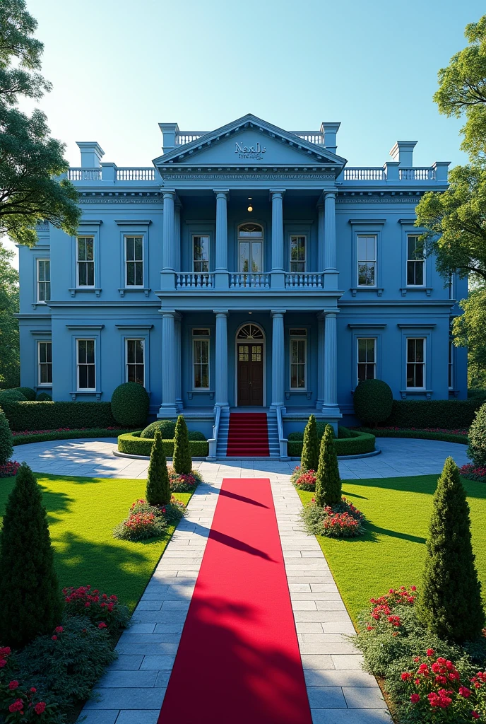 A full view of a blue building with American architecture, exquisite, beautiful and a very extended ground flour,on the entrance is a red carpet.The compound is full of grass and flowers altogether with a tarmac beautifuly shaped road it has it's own compound and no any other building around it.On the concrete of the building are the words NEXUS CEO