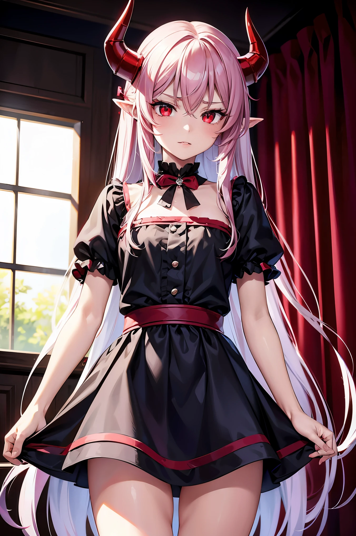 remilia scarlet, girl, red eyes, long hair, demon horns, short sleeve dress, young body, blood on body, high quality, 8k, best quality, 4k, ultra-detailed, realistic, photorealistic, vivid colors, sharp focus, professional, masterpiece, extremely detailed eyes and face, beautiful detailed eyes, beautiful detailed lips, long eyelashes, concept art