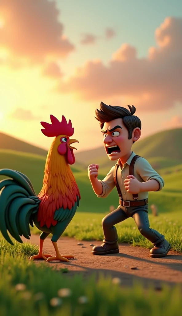 Draw an angry farmer yelling at a rooster with orange and green plumage on the farm. The farm should be picturesque and detailed, with green fields and a sunrise sky with soft orange and pink tones, in a 3D animated style.