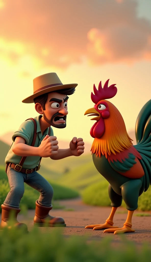 Draw an angry farmer yelling at a rooster with orange and green plumage on the farm. The farm should be picturesque and detailed, with green fields and a sunrise sky with soft orange and pink tones, in a 3D animated style.