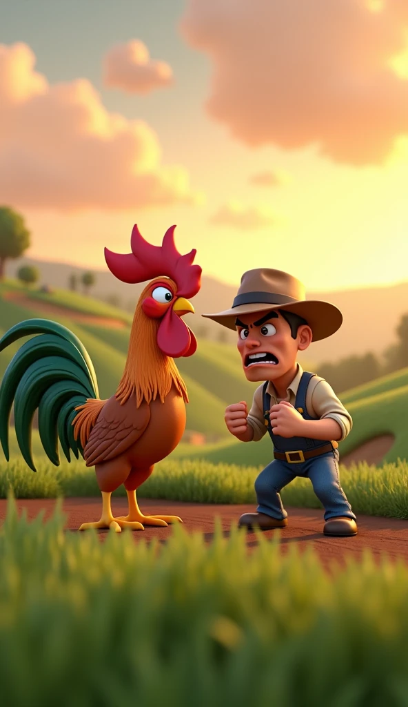 Draw an angry farmer yelling at a rooster with orange and green plumage on the farm. The farm should be picturesque and detailed, with green fields and a sunrise sky with soft orange and pink tones, in a 3D animated style.