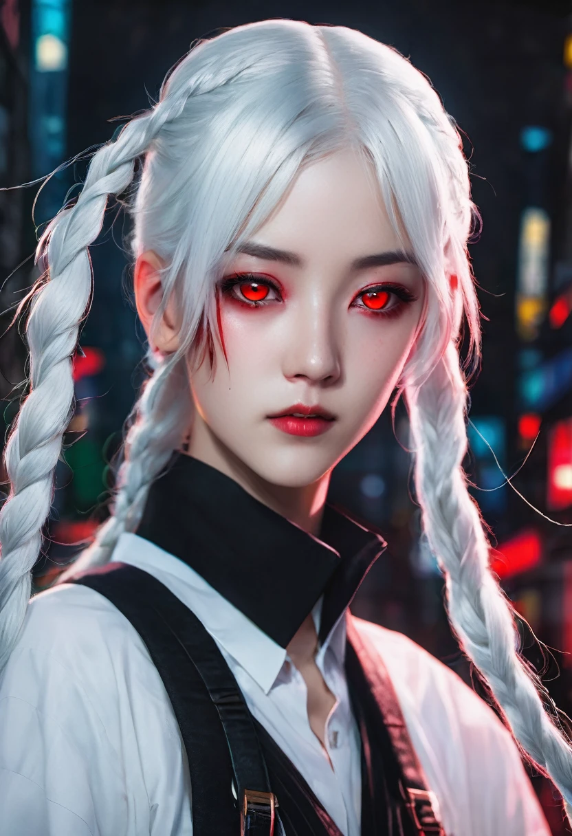 white and black hair，Irregular Colored Hair，slickedback hair，white hair long braid，eerie glowing red eyes，Student X Red（focusing），
