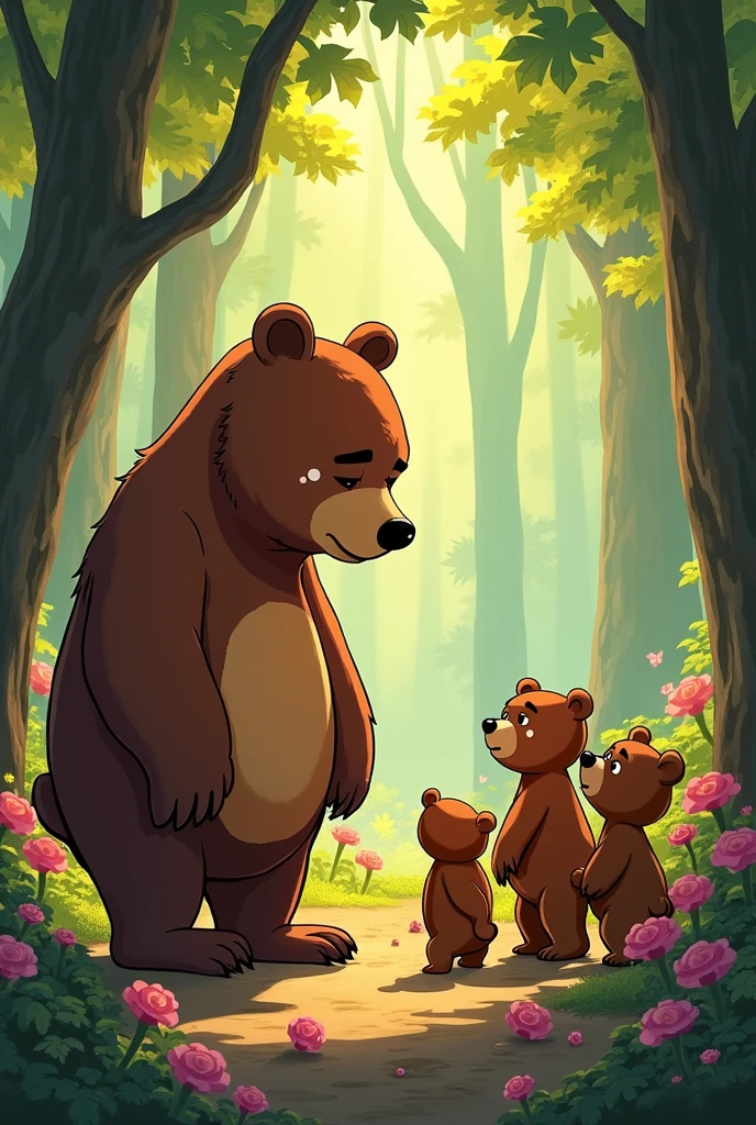 Benito the bear with tears in his eyes , He asks for forgiveness from his parents and his 3 little brothers and promised never to leave again., in the bosuque. colorful animated image