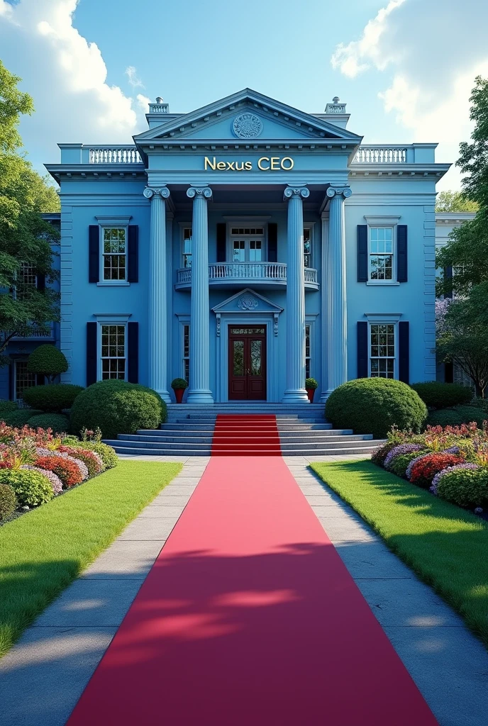 A full view of a blue building with American architecture, exquisite, beautiful and a very extended ground flour,on the entrance is a red carpet.The compound is full of grass and flowers altogether with a tarmac beautifuly shaped road it has it's own compound and no any other building around it.On the concrete of the building are the words NEXUS CEO