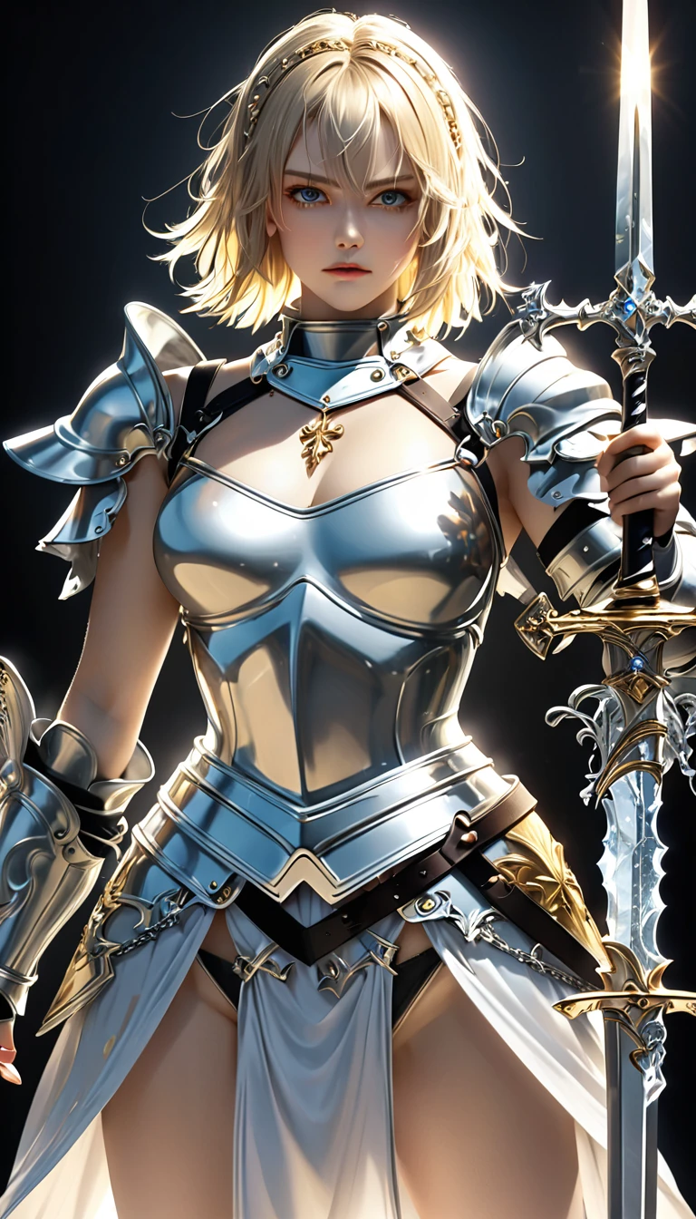 beautiful Joan of Arc, with very short messy boyish blonde hair, gold piercing gaze, glamorous proportions, wearing armor and sacred sword that are works of sculptural art carved from pearl platinum crystal, background wide variety punks, (ultra detailed, absolutely resolution, best quality:1.3), 2.5D, delicate and dynamic effects, lighting effects, artistic, hyper, graphic CG digital art