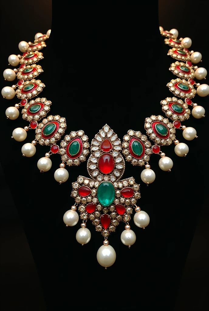 A gold necklace with red, white and green jadau stones, black oxidised, white perals