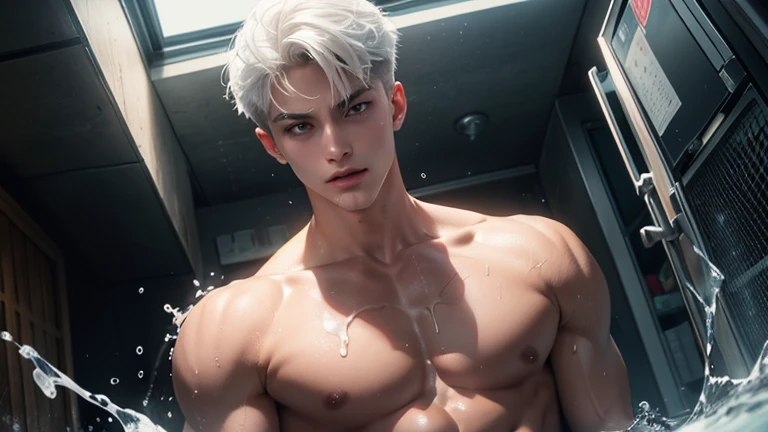 A young boy with white hair,fair skin,handsome,The triangle briefs are wet, so I took half of them off.,裸上半身Soaked in milk,Showing six-pack abs and chest muscles with water droplets on them,Soaked in milk,纖細長腿Soaked in milk,There is a big protrusion from below and milk is spurting out,Soaked in milk,Tilting their head back, they wore an expression of comfort.,Milk flows from the corners of the mouth,Sticking out tongue,Drinking milk,Very shy expression,Milk flows from the corner of the mouth,covered in milk,soak in milk,There's milk on your face too,Milk flows from the corners of the mouth,身上Soaked in milk,Complete character,To the light,The light shines on the abdominal muscles,milk everywhere
