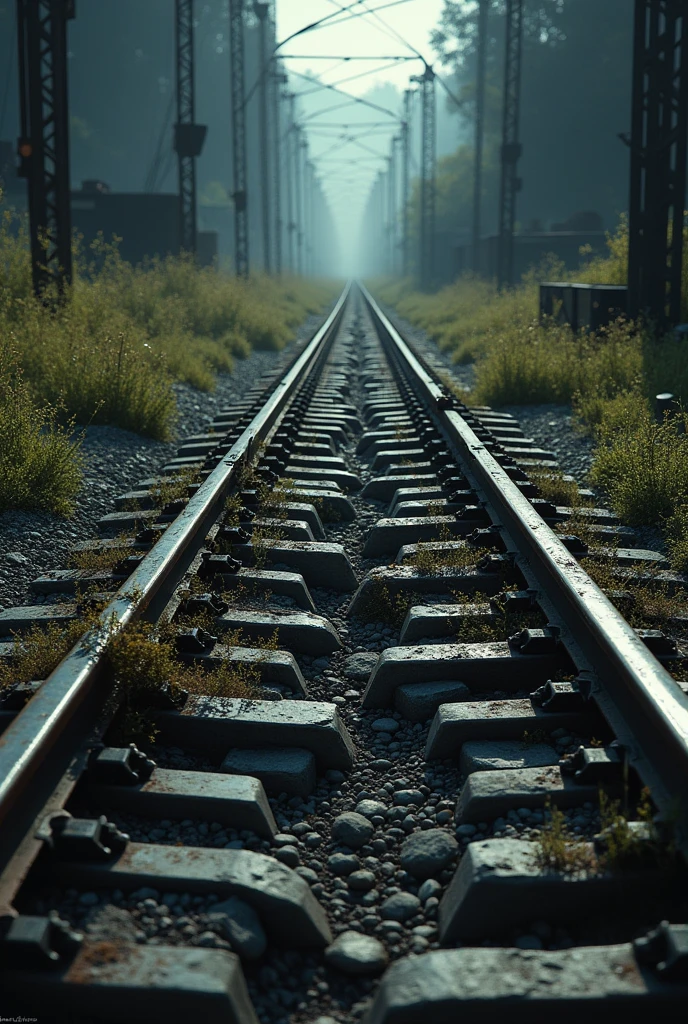 a broken train rail split in two halves, train tracks, abandoned railway, peeled paint, rusty metal, cracked concrete, overgrown weeds, moody lighting, cinematic composition, dramatic shadows, gritty and worn textures, dystopian atmosphere, muted color palette, (best quality,4k,8k,highres,masterpiece:1.2),ultra-detailed,(realistic,photorealistic,photo-realistic:1.37)