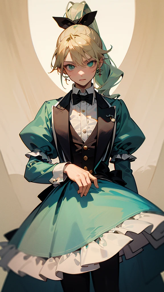 high resolution、Perm blonde、ponytail、Black ribbon on head、simple light blue dress、White frills on the skirt。
A girl like Alice in Wonderland。Fantasy!The Mad Hatter, a male character from Alice in Wonderland。Wearing a big green top hat、Gray Hair、Orange Tuxedo、Wearing a large bow tie。With the girls!