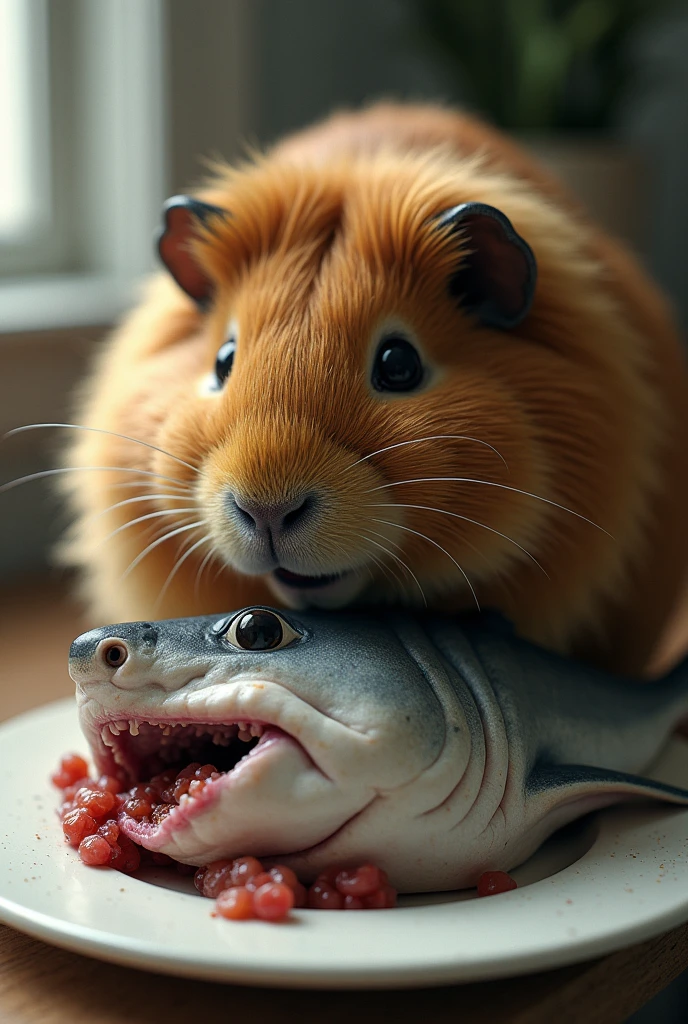 A giant guinea pig eating a dead shark on a plate