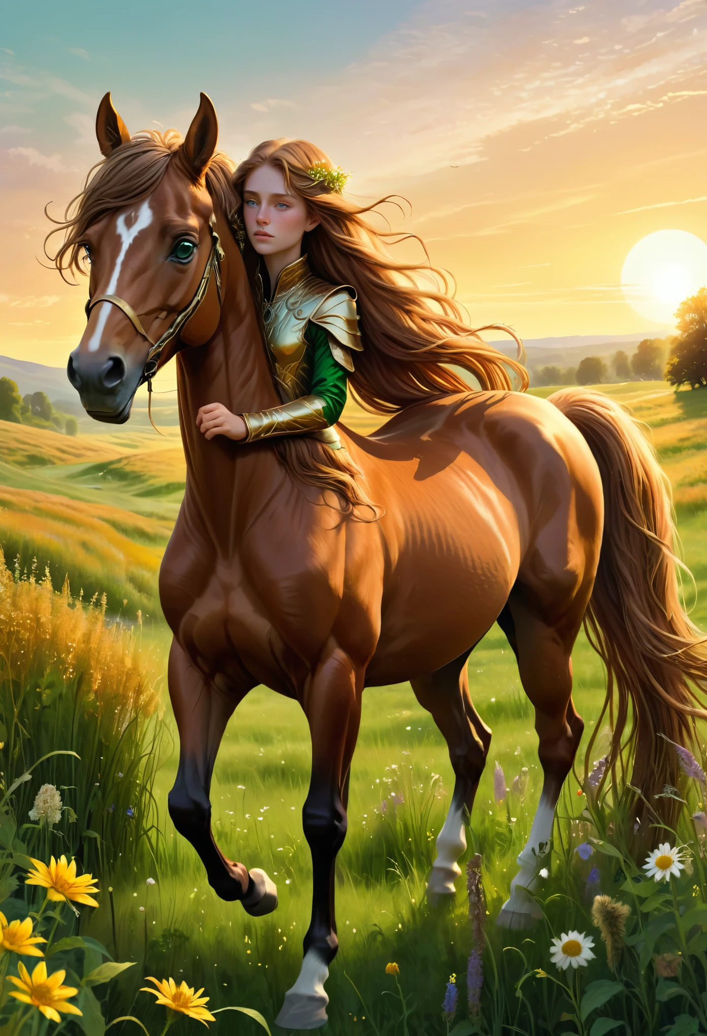 (((best quality))),(((ultra detailed))),(((masterpiece))),illustration,(1 Centaur girl:1.5),mystical,fantasy,(human-horse hybrid:1.5),long hair,delicate features,emerald green eyes,muscular torso,strong legs,chestnut brown coat,regal presence,field of wildflowers,tall grasses,setting sun,warm golden glow,serene,mysterious