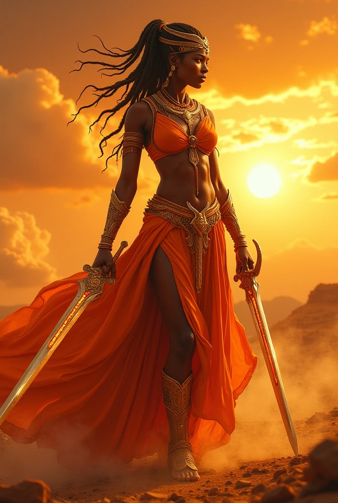 Create an image of an African warrior goddess dressed in orange along with a sword and who has dominion over fire and the sun.