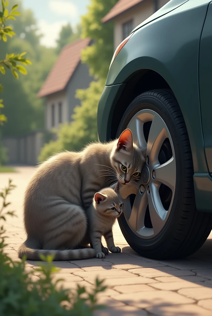 A mother cat is saving her kitten near the wheel of a small car, touching