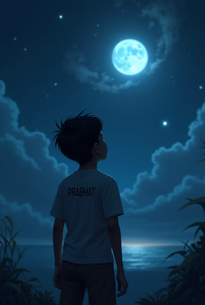 A back profile photo of a boy whose name on thirt is prabhat seeing the moon in night