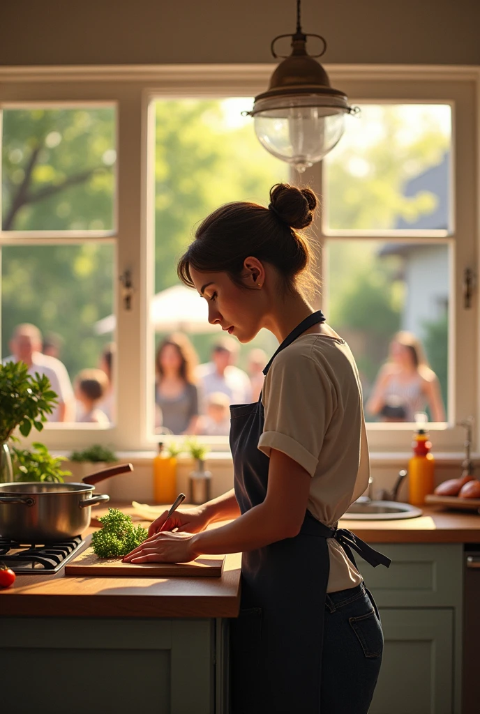 A woman cooking ignoring the people having fun behind her
