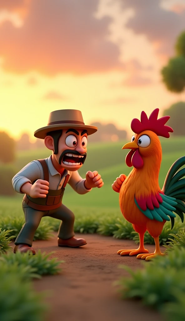 Draw an angry farmer yelling at a rooster with orange and green plumage on the farm. The farm should be picturesque and detailed, with green fields and a sunrise sky with soft orange and pink tones, in a 3D animated style.