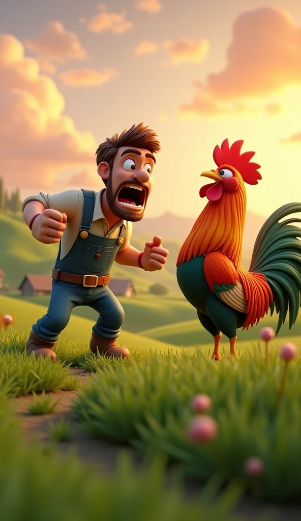 Draw an angry farmer yelling at a rooster with orange and green plumage on the farm. The farm should be picturesque and detailed, with green fields and a sunrise sky with soft orange and pink tones, in a 3D animated style.