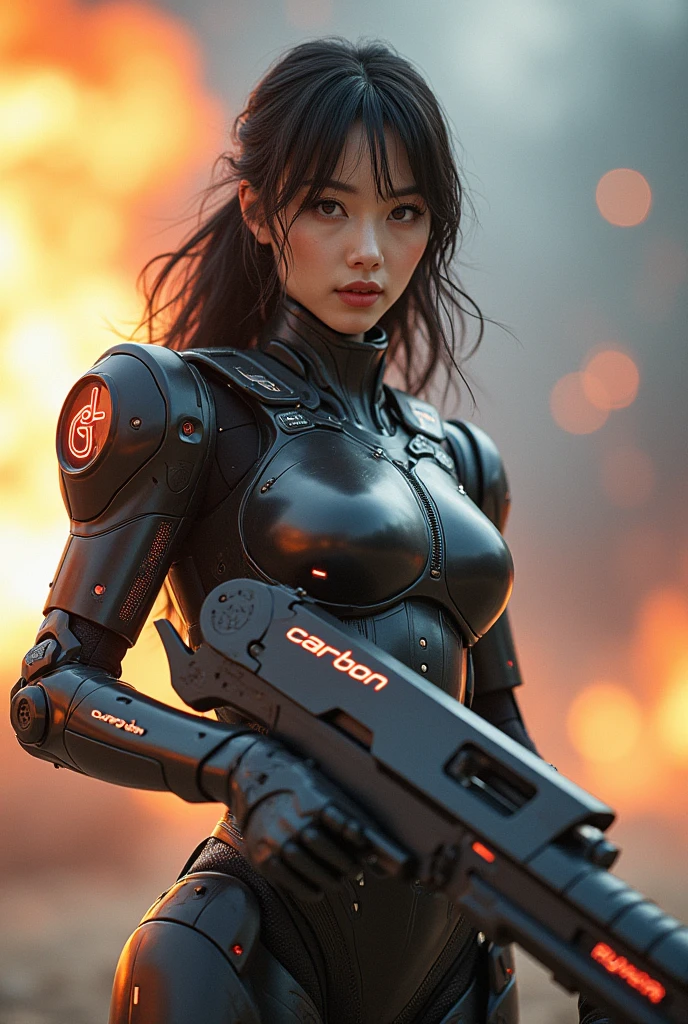 create ultra high resolution photos in realistic style Transformation of a beautiful woman from Korea Wearing a Titan Shell robot suit with text "LD"The neon logo of carbon is artistic and uniquely futuristic, highlighting the technological elements that blend into its body.. Express confidence and enthusiasm,Sharp eye gaze,he was holding a big gun,his weapon is the size of a car, explosion background, api, fire, realistic 
