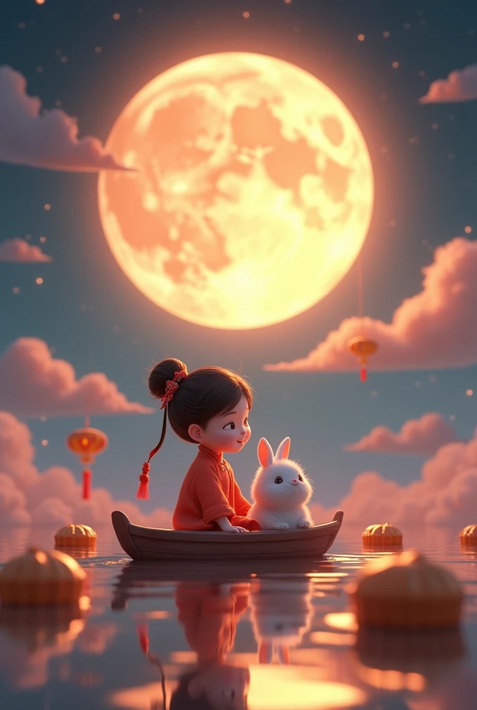 3d rendering poster, in front of a huge moon, beautiful night, warm lights, a cute and happy girl wearing traditional chinese clothing, a rabbit, sitting on a boat, looking at the moon in the distance, mooncakes, auspicious clouds, bright colors, warm colors, surrealism, pixar style, disney style, clear contour light, increasing overall visual effect - ar 59:128, edge light, fantasy, outdoor cold and warm contrasting colors, spotlight, 8k ar, c4d, oc rendering, blender,,,in clothes