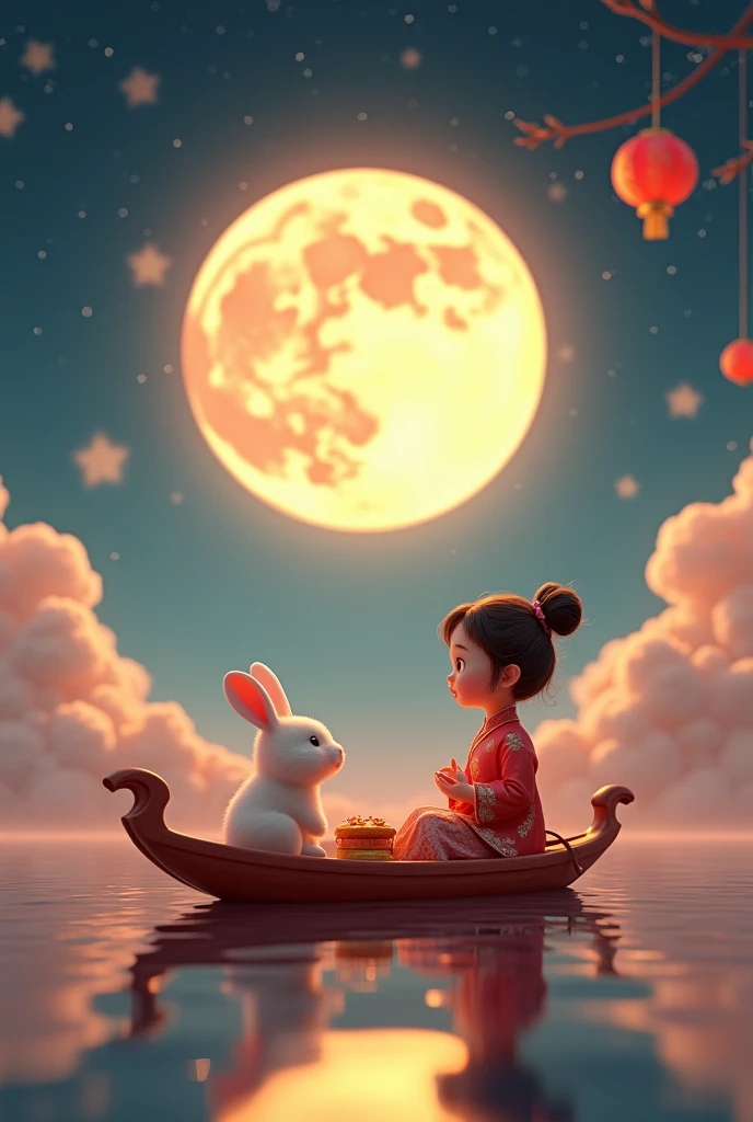 3d rendering poster, in front of a huge moon, beautiful night, warm lights, a cute and happy girl wearing traditional chinese clothing, a rabbit, sitting on a boat, looking at the moon in the distance, mooncakes, auspicious clouds, bright colors, warm colors, surrealism, pixar style, disney style, clear contour light, increasing overall visual effect - ar 59:128, edge light, fantasy, outdoor cold and warm contrasting colors, spotlight, 8k ar, c4d, oc rendering, blender,,,in clothes