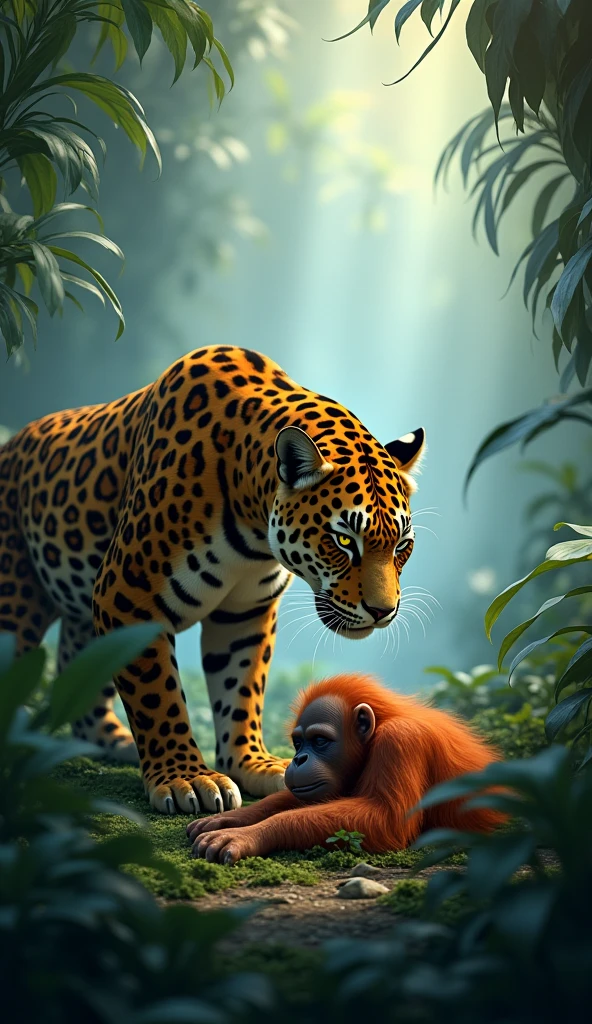 Prompt: "A serene jungle scene where a powerful Jaguar is seen crouching over a resting orangutan on the forest floor. The Jaguar, with its sharp yellow eyes, displays a protective and curious stance, while the orangutan sleeps peacefully, its orange fur contrasting with the Jaguar’s spotted coat. Soft rays of sunlight penetrate through the dense trees, casting a mystical glow over the scene, with the forest in the background shrouded in a light mist"