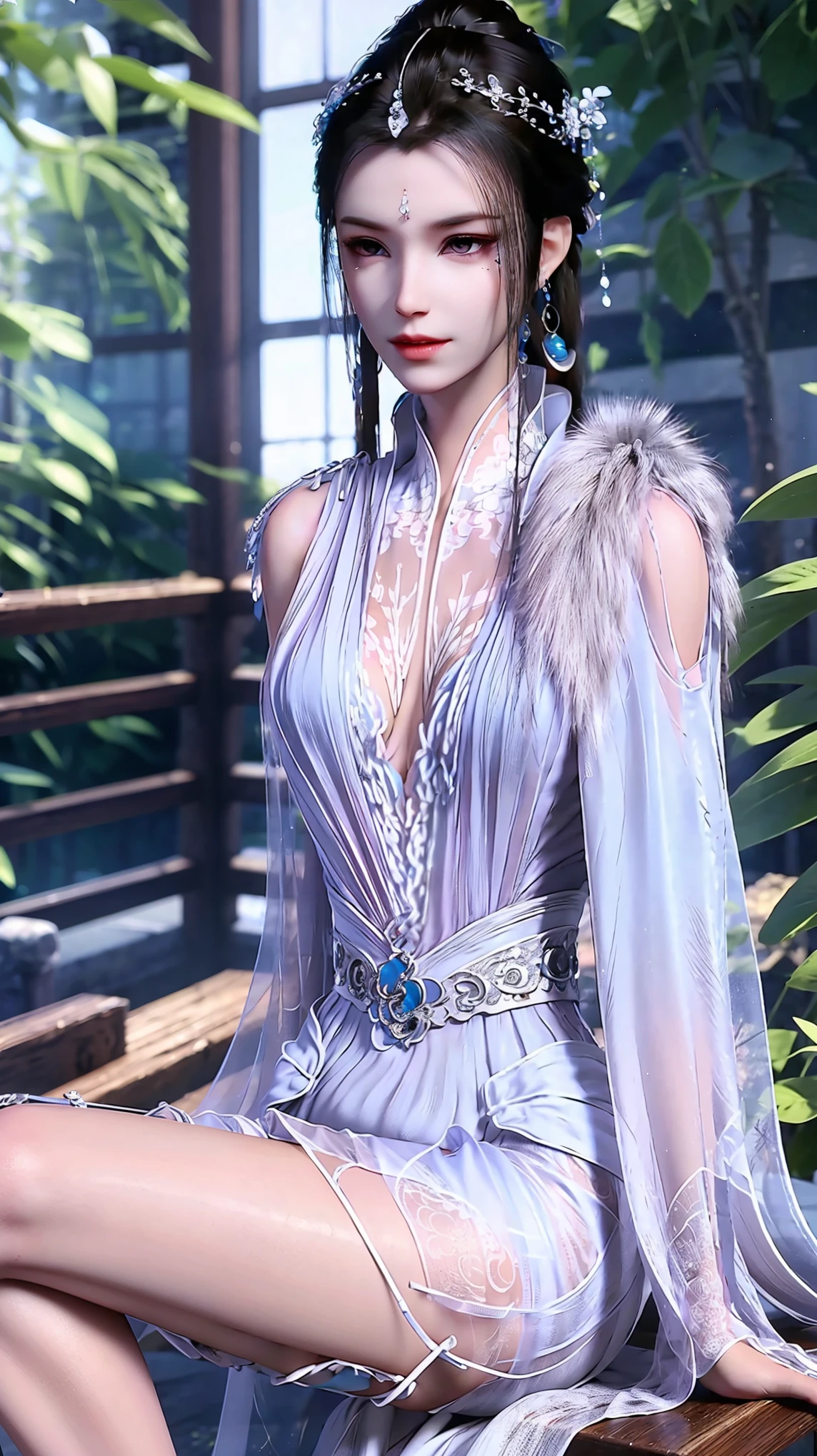 cheongsam,((whole body)), ((Sitting)), ((The hem is long, Sexy long legs)), ((Bare shoulders)),model, Young beautiful girl, Striking an elegant pose, Charming pose, Heat and cold, Beautiful and delicate eyes, Full breasts, slim body, Features, masterpiece, best quality, official art, Rich details, Clear face, Professional lighting, Physically based rendering, Necklace, Light makeup,Starry sky background,Sitting on the stars