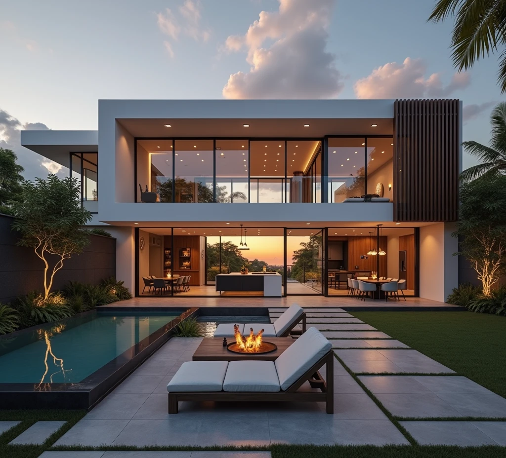 RAW photo,Masterpiece, high quality, best quality, realistic, super detailed, exterior, a modern style villa(Minimalist lines,Architecture: Using minimalist lines, dots break the curve as a highlight Materials: Combination of glass, concrete, and natural wood. Open space: The living room and kitchen are connected, using large glass doors to take advantage of natural light. Sky: bright, blue clouds Outdoor area: Small swimming pool and green garden with native plants. modern:1.2),(white wall:1.1), glass railings, glass windows, trees, grass , ((sunset)), sky, vivid colors, (high detail :1.2), 8k uhd, dslr, soft light, high quality, film grain, Fujifilm XT3Negative