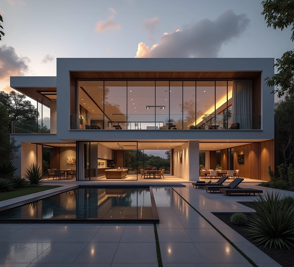RAW photo,Masterpiece, high quality, best quality, realistic, super detailed, exterior, a modern style villa(Minimalist lines,Architecture: Using minimalist lines, dots break the curve as a highlight Materials: Combination of glass, concrete, and natural wood. Open space: The living room and kitchen are connected, using large glass doors to take advantage of natural light. Sky: bright, blue clouds Outdoor area: Small swimming pool and green garden with native plants. modern:1.2),(white wall:1.1), glass railings, glass windows, trees, grass , ((sunset)), sky, vivid colors, (high detail :1.2), 8k uhd, dslr, soft light, high quality, film grain, Fujifilm XT3Negative