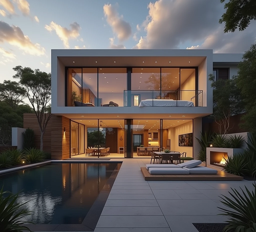 RAW photo,Masterpiece, high quality, best quality, realistic, super detailed, exterior, a modern style villa(Minimalist lines,Architecture: Using minimalist lines, dots break the curve as a highlight Materials: Combination of glass, concrete, and natural wood. Open space: The living room and kitchen are connected, using large glass doors to take advantage of natural light. Sky: bright, blue clouds Outdoor area: Small swimming pool and green garden with native plants. modern:1.2),(white wall:1.1), glass railings, glass windows, trees, grass , ((sunset)), sky, vivid colors, (high detail :1.2), 8k uhd, dslr, soft light, high quality, film grain, Fujifilm XT3Negative