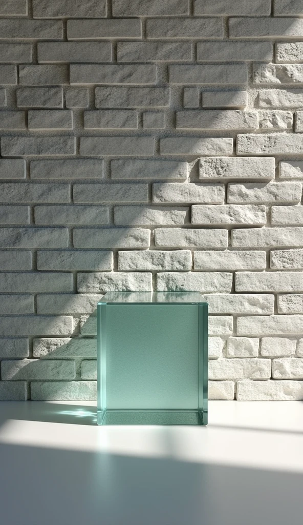 "Generates an image showing a brick stone textured background wall, everything looking straight ahead, highlighting the irregular and natural details of the stone, mostly cracks. The floor must be smooth and uniform., contrasting with the texture of the wall. on the floor, place a simple transparent glass cube, transparent and geometrically precise, that reflects light subtly and shows the details of the environment through its faces."