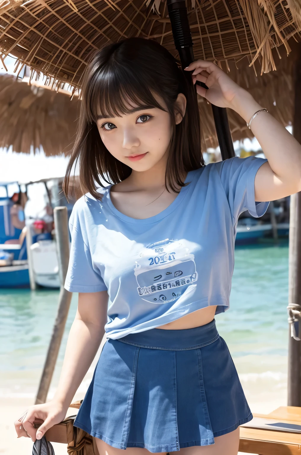 A girl (20s years old, Japanese cute face) are wearing Tshirts, mini skirt at the beach bar