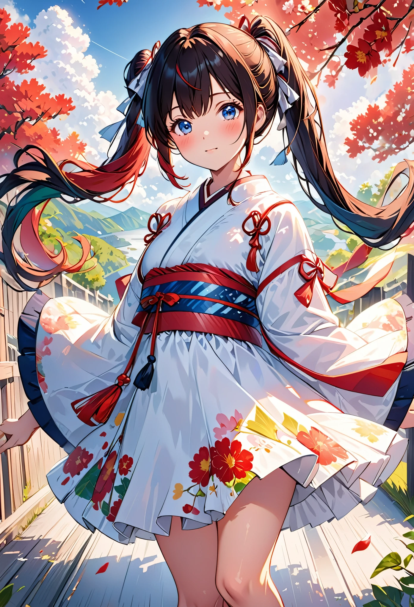 A cute girl with multicolored hair, solo, Ribbon, twintails, Looking at viewer, kimono, illustration, High Resolution, Blush, HD, Super Detailed, Cowboy Shot