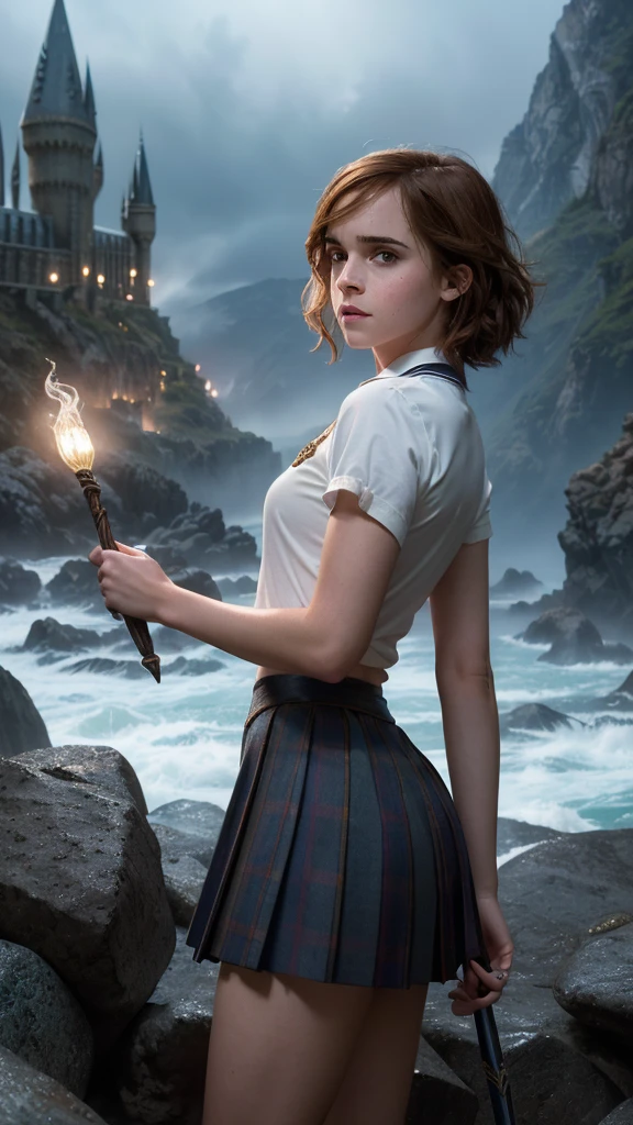 An illustrated movie poster, hand-drawn, full color,(Emma Watson:V2.1 ),( a teenage Hogwarts student:1.4) ,(Camisa blanca corbata y chaleco) , (falda student corto plomo :1.4), (hogwarts school uniform:1.4), 18-years-old, female, wearing a charcoal vest and a pleated skirt, athletic hourglass figure, full wide , massive round , long shapely legs, ridiculously thick powerful thighs, vibrant eyes, deep dark auburn hair, thick shaggy bangs, flushed sun-kissed complexion, freckles, resembles Genevieve O'Reilly, standing in a foggy Hogwarts courtyard, surrounded by mist, graphite shading, stencil marks, airbrushed acrylic paint, masterpiece, close-up shot, in the style of the Deathly Hallows, high quality, (RAW photo, best quality), (realistic, photorealistic: 1.4), (extremely delicate and beautiful: 1.4), amazing, fine details, masterpiece, ultra detailed, high resolution, best illustration, best shadow, intricate, ( extremely intricate: 1.2), (exquisitely detailed skin), cinematic light, perfect , (cool color: 1.4), sharp focus, 8k UHD, DSLR, (Fujifilm XT3),(iluminación cinematográfica :1.4),( Hermione Granger:1.4), (Emma Watson: V2.1), (ojos de Emma Watson:1.5), (hogwarts school uniform:V2.1),( pose americano :1.4), (estilo cinematográfico :1.4), (efectos cinematográfico :1.4), (colores cinematográfico), (beautiful landscape with colorful sea rocks, magical lighting, detailed hard ttiti, and boob milk:1.4 ), (partículas flotantes, agua mágica:1.4),(escenas Harry Potter:1.4) 
