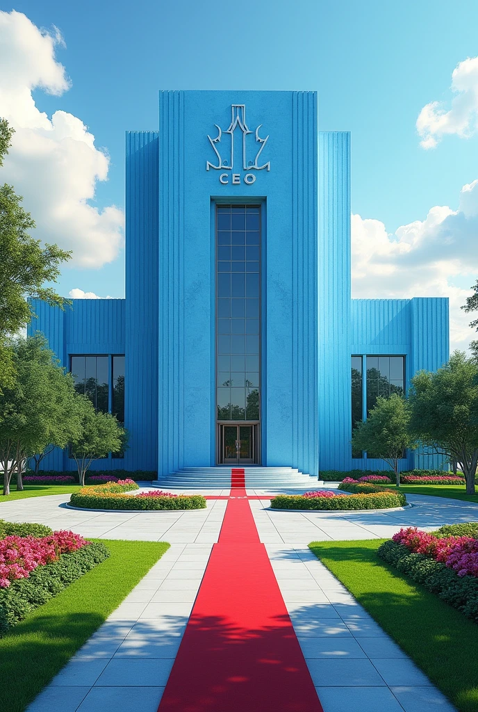 A full view of a sky blue building with American architecture, exquisite, beautiful and a very extended ground flour,on the entrance is a red carpet.The compound is full of grass and flowers altogether with a tarmac beautifuly shaped road it has it's own compound and no any other building around it.On the concrete of the building are the words NEXUS CEO