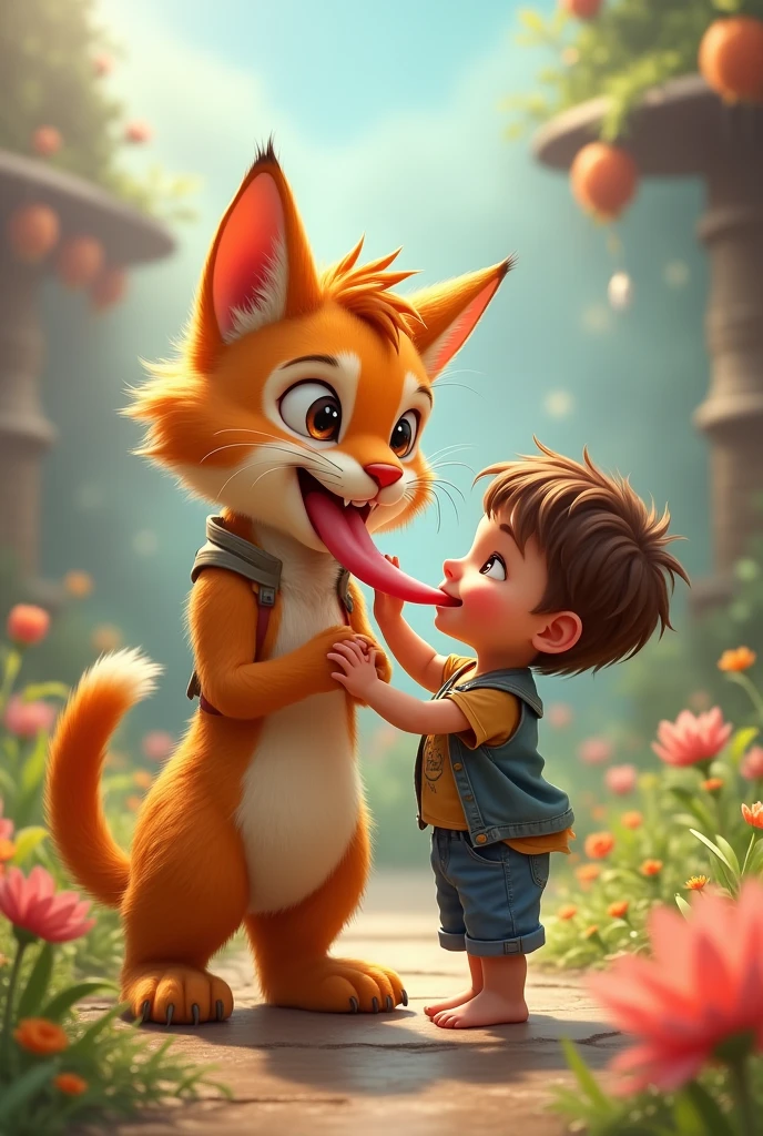 A furry ager cat with a kid sitting on his tongue