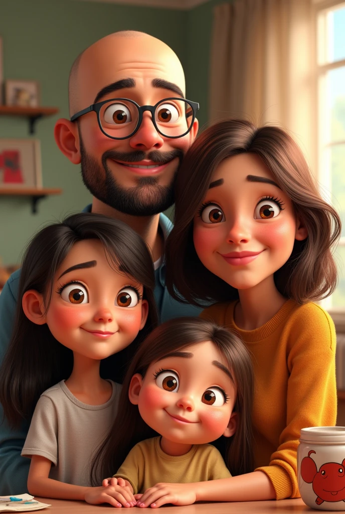 Pixar-like image of a family with 1 bald dad, with black-framed glasses and a beard, 1 mom with brown hair and 2 daughters, One of them was about and the other was 1., both with long black hair