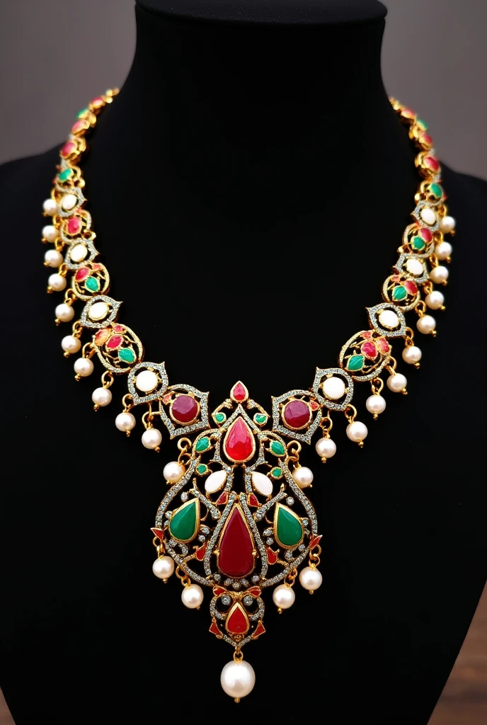 A gold necklace with red, white and green jadau stones, black oxidised, white pearl, meenakari