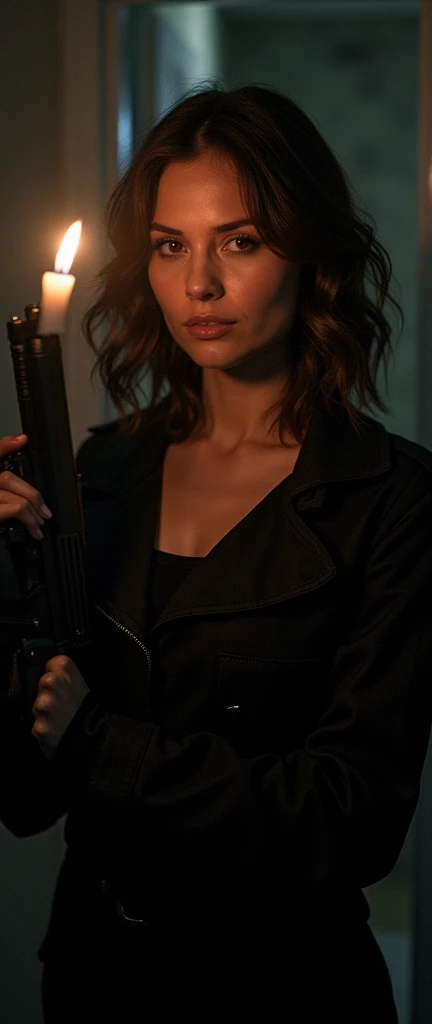 Beautiful woman with shoulder-length wavy brown hair, wearing black tactical military clothing in a dark room lit by a candle, holding a gun with both hands and sighing