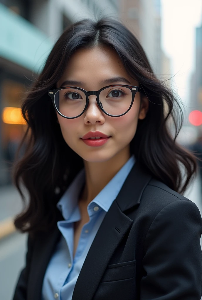 Attractive 20-year-old reporter with black hair and glasses