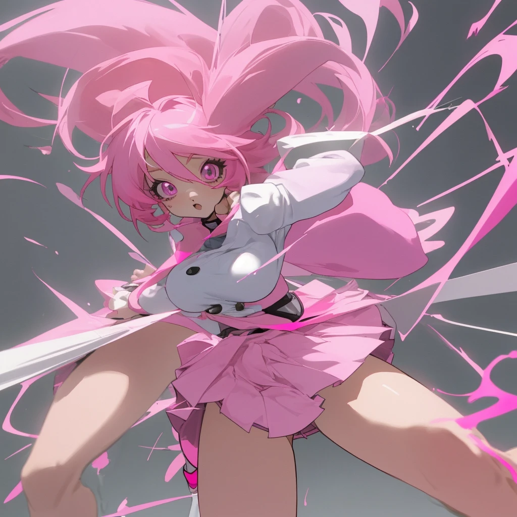 Create a pink haired anime character lifting her skirt showing her panties