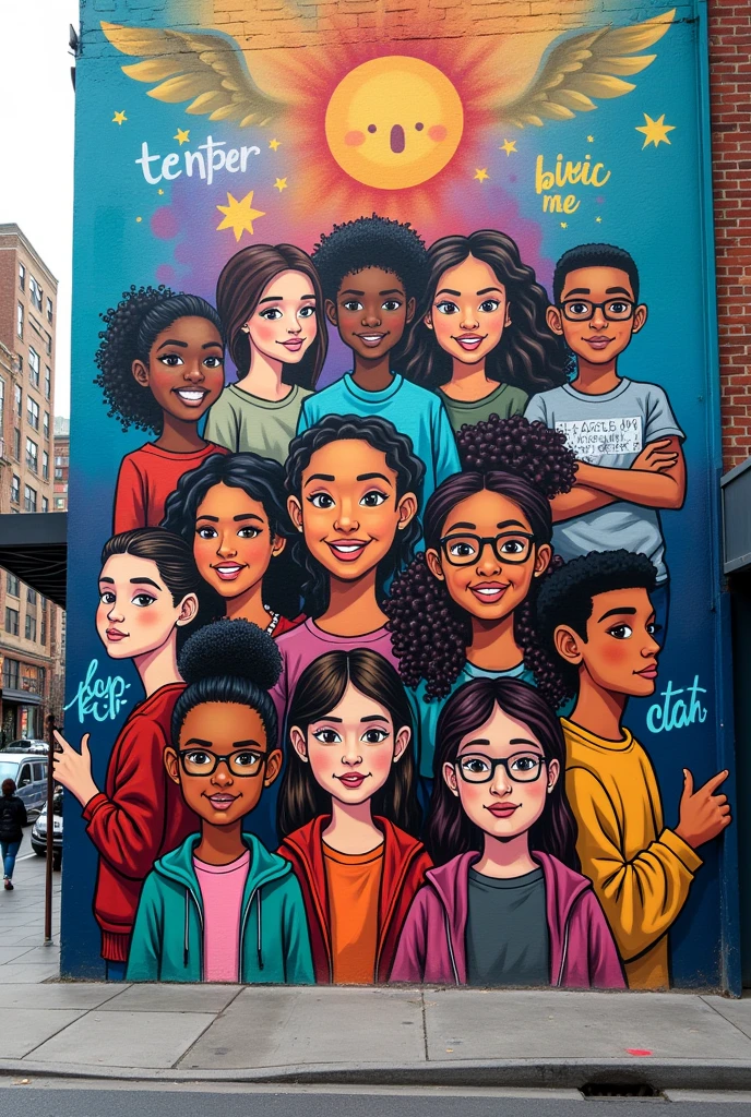 Create a street art mural with positive messages for youth
