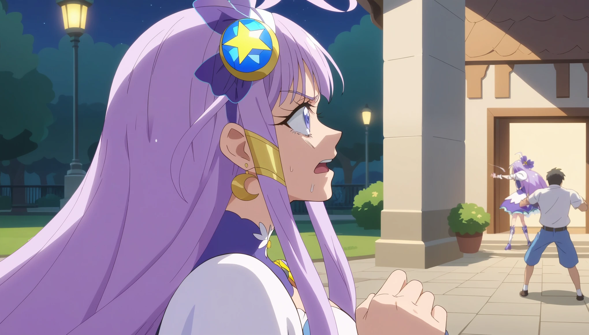 Anime girl with purple hair and a blue top and a purple outfit - SeaArt AI