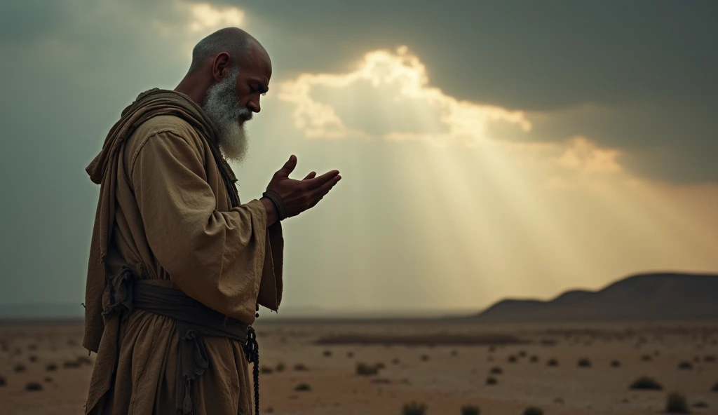 A deeply moving biblical scene showing Job in a state of mourning and humility. He is portrayed standing and looking at the ground with his white beard, his clothes torn and dirty, in an arid landscape, with his clothes torn and his head shaved as a sign of grief. The surrounding area is barren, reflecting the desolation he feels. Despite the crushing loss, Job is shown in a posture of worship, with his hands open as he prays. The sky above is a mixture of dark clouds and a small ray of light, symbolizing his unshakable faith in God even in the midst of profound suffering, as described in the story of Job. sun
