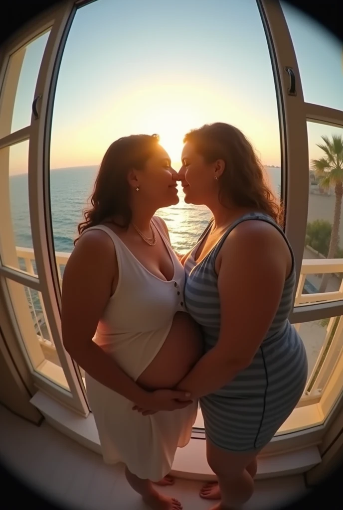 Pov view of your fisheye camera when pregnant plus size mother and her lesbian partner kiss on the terrace of the house. iphone camera style. 8k hd, realface, cinematic. High detail