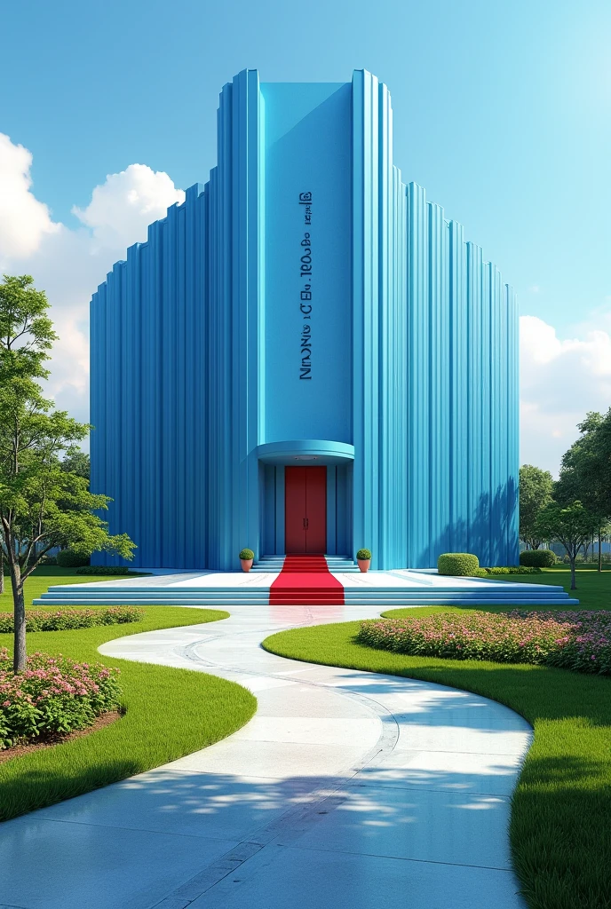 A full view of a sky blue building with American architecture, exquisite, beautiful and a very extended ground flour,on the entrance is a red carpet.The compound is full of grass and flowers altogether with a tarmac beautifuly shaped road it has it's own compound and no any other building around it.On the concrete of the building are the words NEXUS CEO