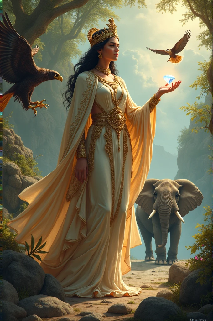 Create an image of the goddess fortune holding a diamond, with an eagle and an elephant on its side and an orchid in the corner.